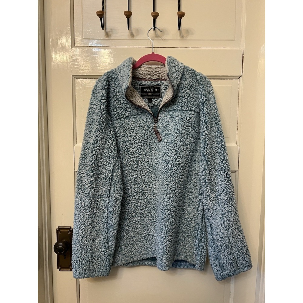 True Grit Frosty Tipped Pile Quarter Zip Sherpa Fleece Pullover Blue Medium